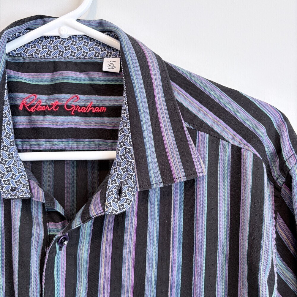 Robert Graham Button Down Stripes Black Purple Flip Cuff Loud Luxury XL